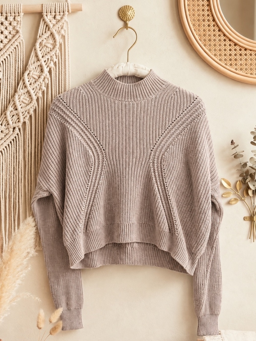 Kendall + Kylie Mock Neck Taupe/Mauve Ribbed Knit Sweater
